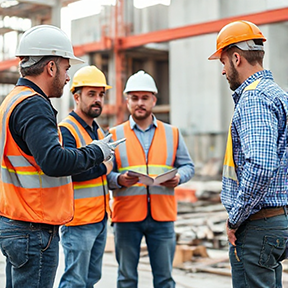 A maintenance supervisor discussing maintenance processes with a team at a construction site.