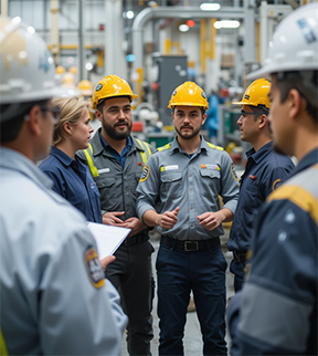 A maintenance team discuss ways to improve manufacturing operations.