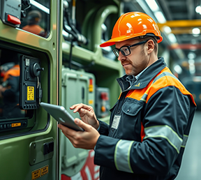 A maintenance worker uses a mobile device to receive work orders for his factory's asset.