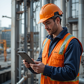 A technician use a mobile device to check maintenance activities.