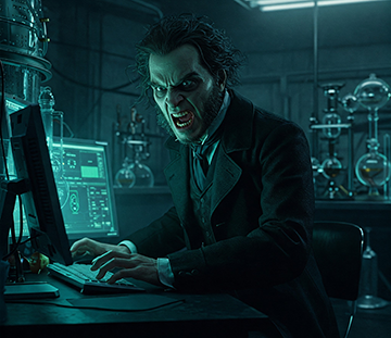 A representation of Mr. Hyde using a CMMS on his computer.