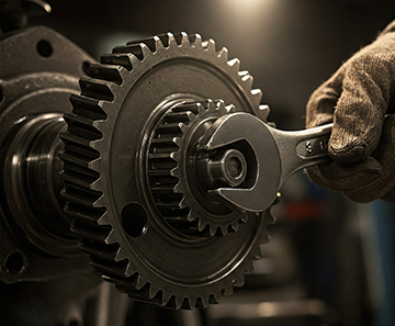  Suggested Image Alt Text: Technician adjusting a cogwheel with a wrench, symbolizing MRO processes.