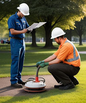 Two workers conducting CMMS-guided preventive maintenance in a park.