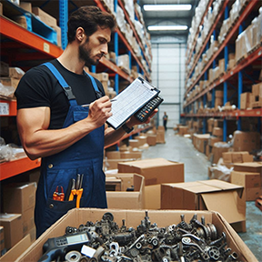 Stockroom worker using a CMMS for a physical count of inventory.