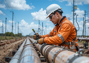 A maintenance worker conducting asset management on a utility pipeline