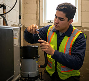 A technician conducts preventive maintenance on a sump pump.