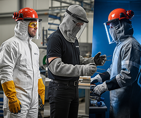 Workers wearing specialized suits for hazardous materials.