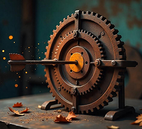 Precision maintenance visualized with gear and arrow symbolizing targeted accuracy.