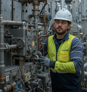 A technician conducts preventive maintenance on equipment