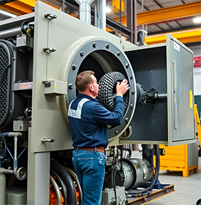 A technician conducts preventative maintenance on industrial machinery to improve asset management.