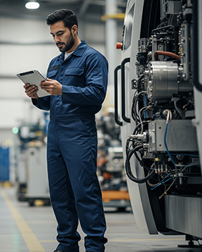 A maintenance technician consults a CMMS work order before preventive maintenance.