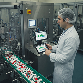 A technician, using a CMMS, validates the operations of a pharmaceutical processor.