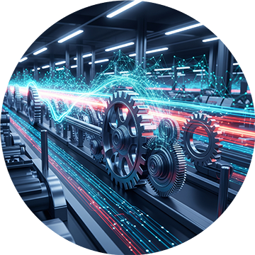 An illustration representing an efficient factory floor operating at full production capacity thanks to strategic maintenance.