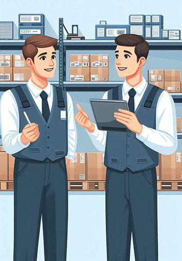 Two warehouse employees use CMMS software to streamline purchase order management and improve purchasing efficiency.