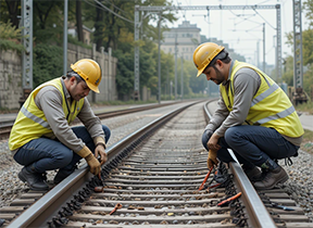 Two maintenance technicians follow a CMMS checklist inspecting railroad tracks.