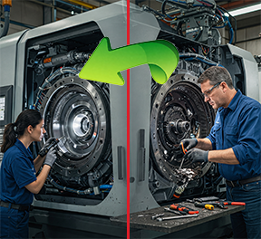 Side-by-side image of a technician making a last-minute repair and another conducting preventative maintenance as part of proactive management.