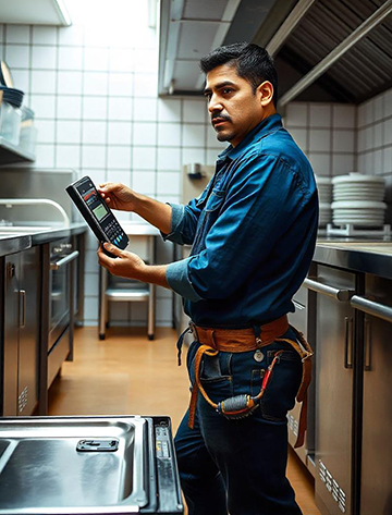 A restaurant employee following SOPs using CMMS software to streamline operations.