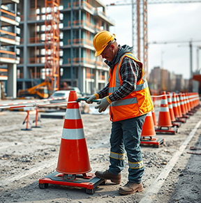 A maintenance technician checking safety barriers at a construction site.