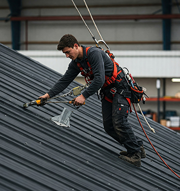 A maintenance worker tethers up for safety work.