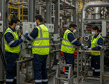 Maintenance workers protecting themselves against respiratory infection.
