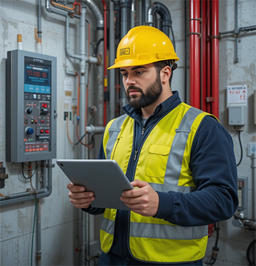 A maintenance technician conducts a fire safety system inspection with a CMMS checklist