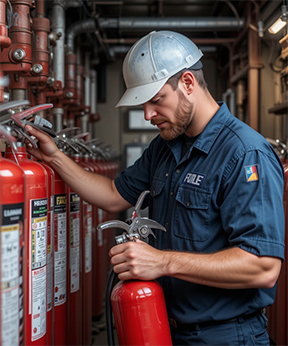 A maintenance worker inspecting fire extinguishers.