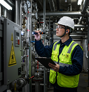 A technician conducts a preventive maintenance inspection from a CMMS work order to discover minor issues for repair.