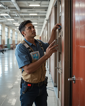 A technician conducts maintenance in a school.