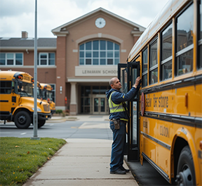 A maintenance conducts a safety inspection on a school bus.