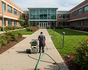A maintenance worker prepares a school for the fall term from a CMMS work order.
