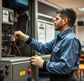 A maintenance worker works on equipment in a school from a CMMS work order.