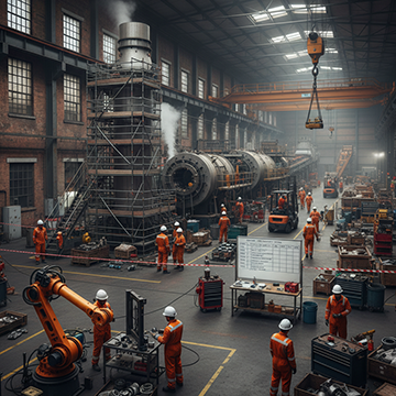 Workers conduct maintenance duties during a factory shutdown.