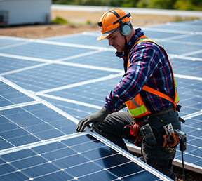 A technician completes a CMMS work order on an array of solar panels.