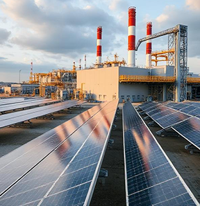 A factory uses solar panel as part of a renewable energy plan.