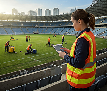 A supervisor checks her CMMS work order management while a crew works on the field before the big game.