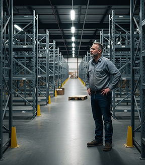 A supervisor experiencing stockout in an empty warehouse.