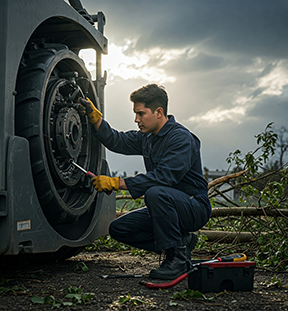 A technician completes a CMMS work order repairing storm damage to machinery.