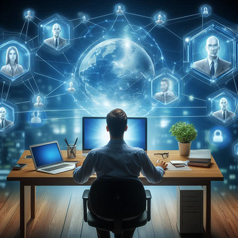 Representation of a manager viewing multiple computer users for better system adoption rate.