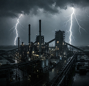 A thunderstorm affecting the operations of a manufacturing plant.