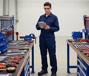 An inventory worker uses a CMMS for efficient tool management
