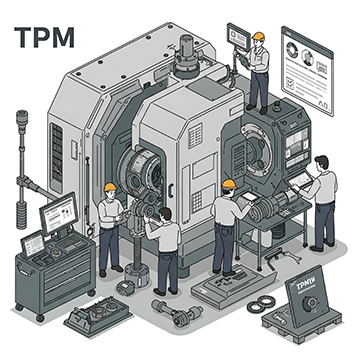 Technicians performing maintenance on machinery as part of a total productive maintenance (TPM) strategy.