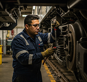 A maintenance worker conducts preventive maintenance on a train to complete a CMMS work order.