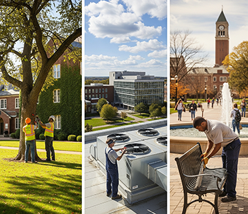 Workers conduct maintenance jobs on a university campus via CMMS work orders.