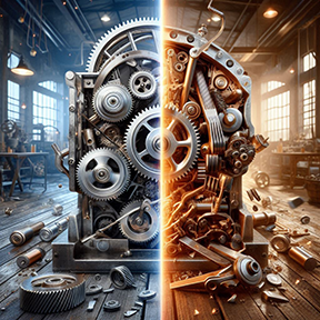 Illustration showing contrast between machine uptime productivity and downtime issues.     