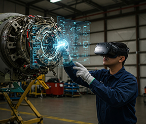 An aviation tech uses VR technology combined with a CMMS for repairs.