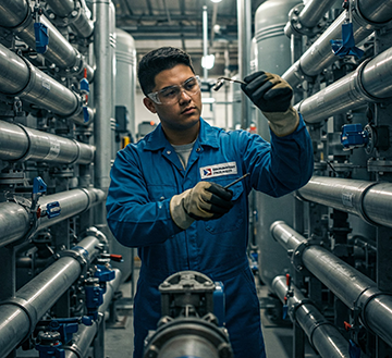 A maintenance technicians inspects a city's water filtration system.