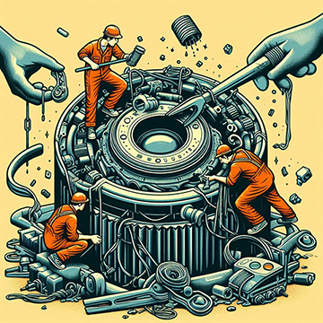 Illustration depicting maintenance workers inspecting equipment to reduce wear and tear and improve long-term industrial asset care.
