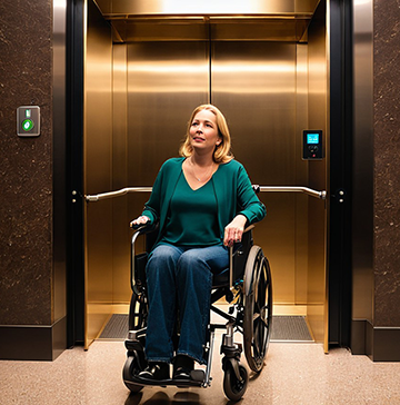 A women exiting an elevator maintained with the help of a CMMS.