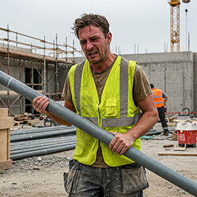 A construction worker trying to do the job while not feeling healthy.
